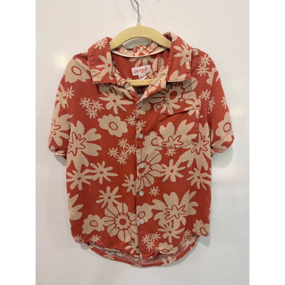 Cat & Jack Kids XS 4/5 Burnt Orange Floral Rayon Short Sleeve Button Down Shirt